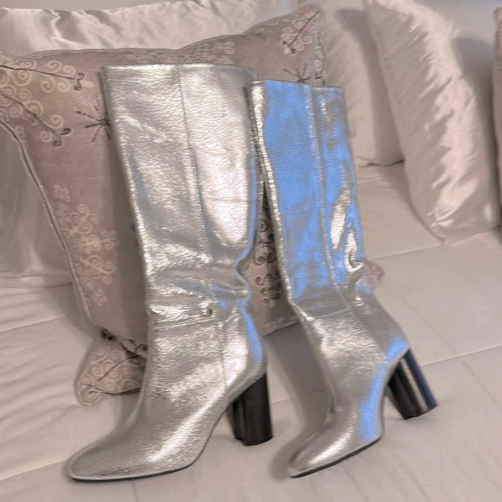Silver leather incredibly beautiful boots like new, only worn once to dinner.